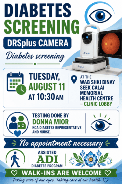 A poster showcasing diabetes screening on Aug. 11, 2026, in Wabaseemong.