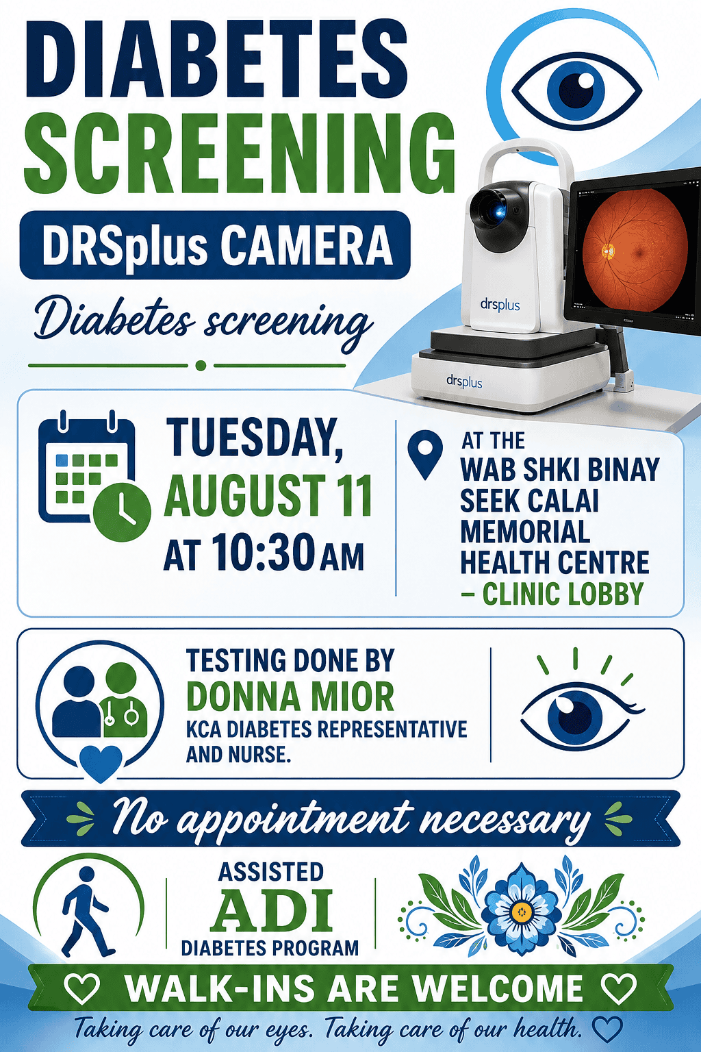 A poster showcasing diabetes screening on Aug. 11, 2026, in Wabaseemong.