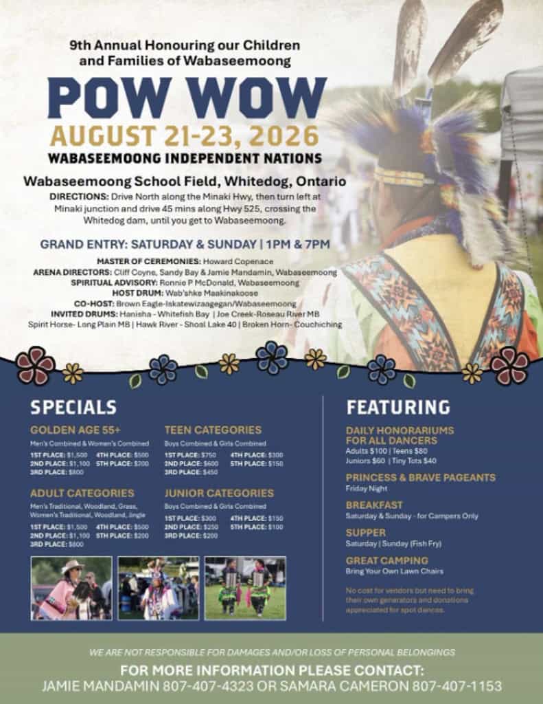 A poster promoting the 2026 powwow in Wabaseemoong Independent Nations.