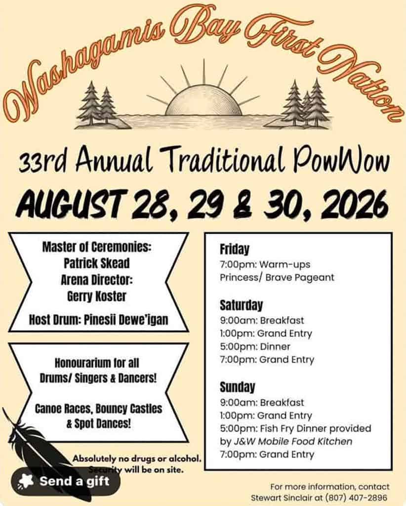 A poster promoting the 2026 powwow in Washagamis Bay First Nation.