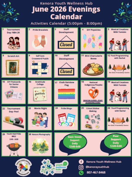 A calendar listing evening programming for June 2026 at the Kenora Youth Wellness Hub.