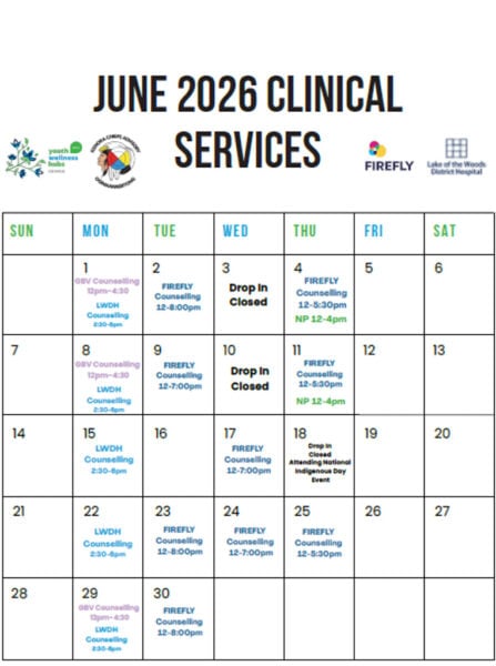 A calendar listing clinical services for June 2026 at the Kenora Youth Wellness Hub.
