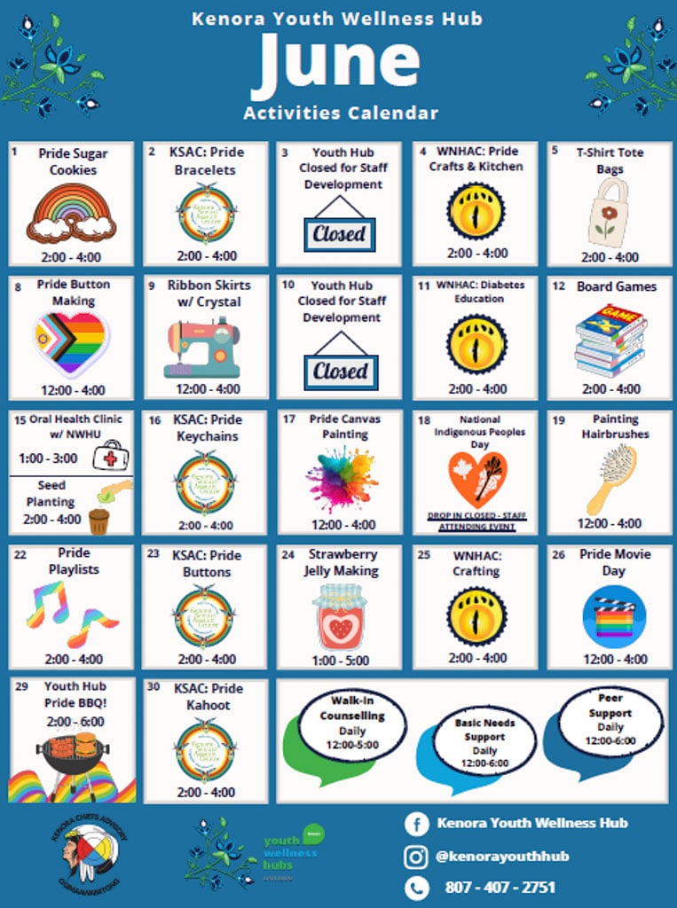 A calendar listing daytime programming for June 2026 at the Kenora Youth Wellness Hub.