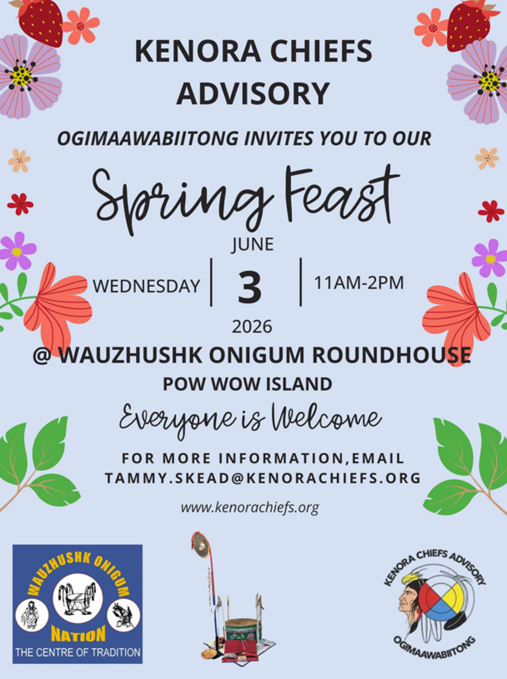 A poster announcing the Ogimaawabiitong Spring Feast at 11 a.m. on June 3, 2026.