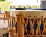 A closeup of the drum and drumsticks at the 2026 National Indigenous Peoples Day celebration on June 18 in Kenora.