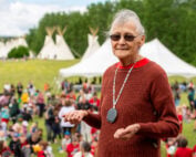 Elder Jeanette Skead on stage at the 2026 National Indigenous Peoples Day celebration on June 18 in Kenora.
