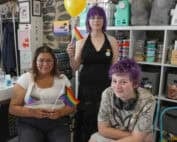 Three youths celebrates at the Kenora Youth Wellness Hub's 2026 Pride Barbecue on June 29.