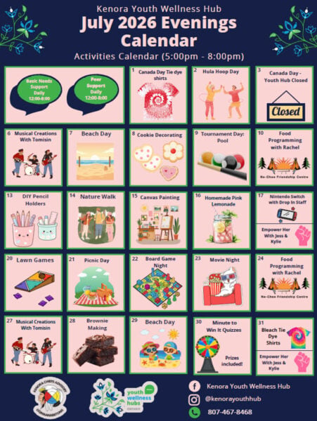 A calendar of July 2026 programming at the Kenora Youth Wellness Hub.