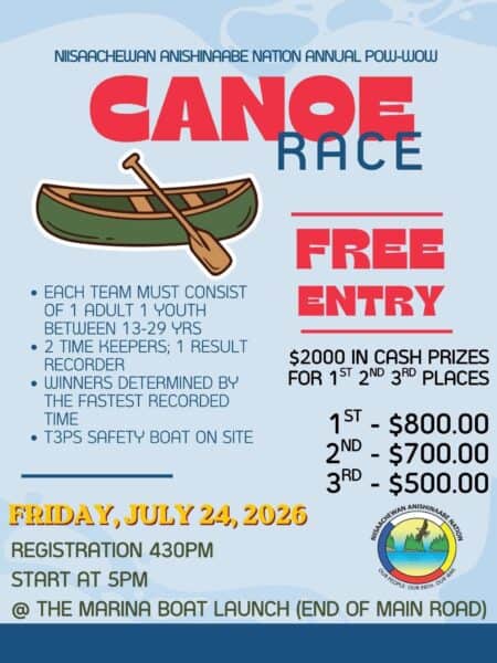 A poster detailing July 24 canoe races in Niisaachewan Anishinaabe Nation.