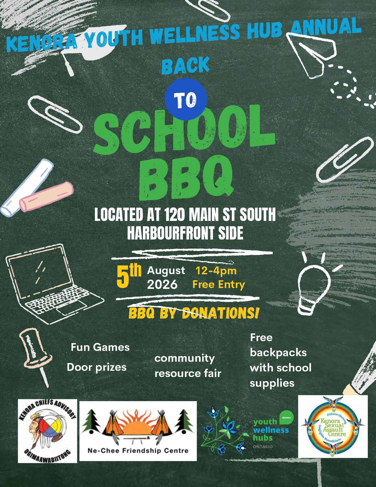 A poster announcing the Kenora Youth Wellness Hug Back to School BBQ on Aug. 5, 2026.