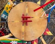 An overhead view of Giizis Mishoomis, drum of Niisaachewan Anishinaabe Nation.
