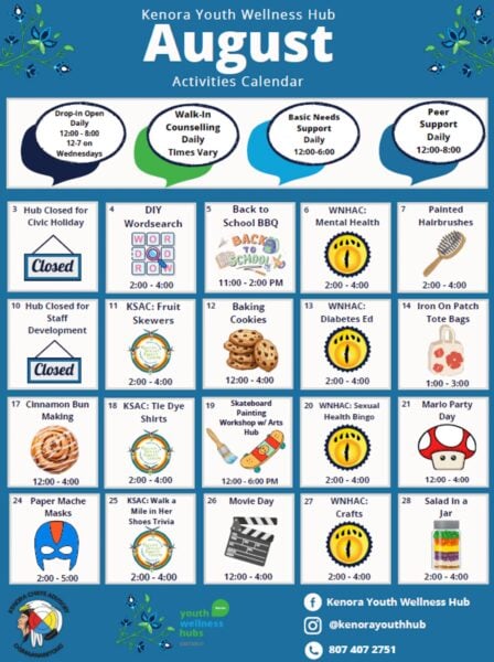 A calendar of August 2026 programming at the Kenora Youth Wellness Hub.