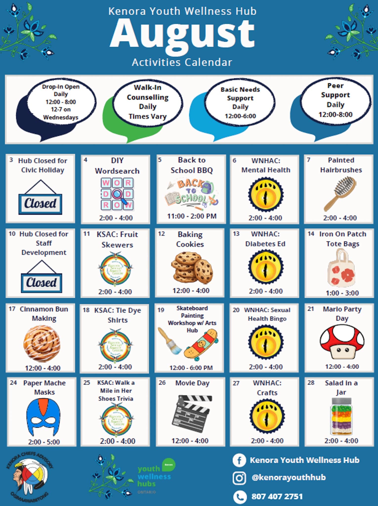A calendar of August 2026 programming at the Kenora Youth Wellness Hub.