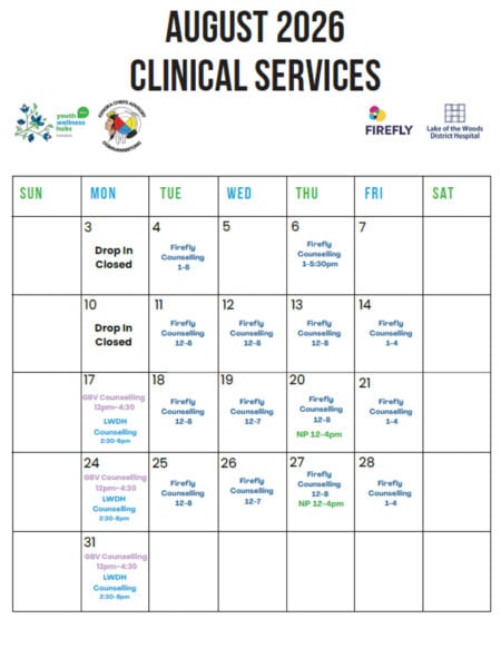 A calendar of August 2026 clinical services at the Kenora Youth Wellness Hub.