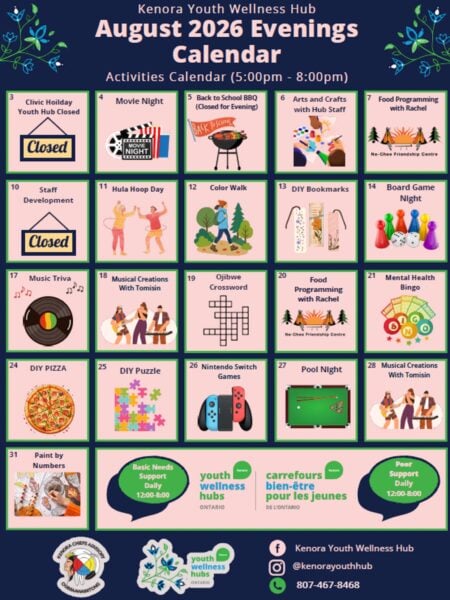 A calendar of August 2026 programming at the Kenora Youth Wellness Hub.