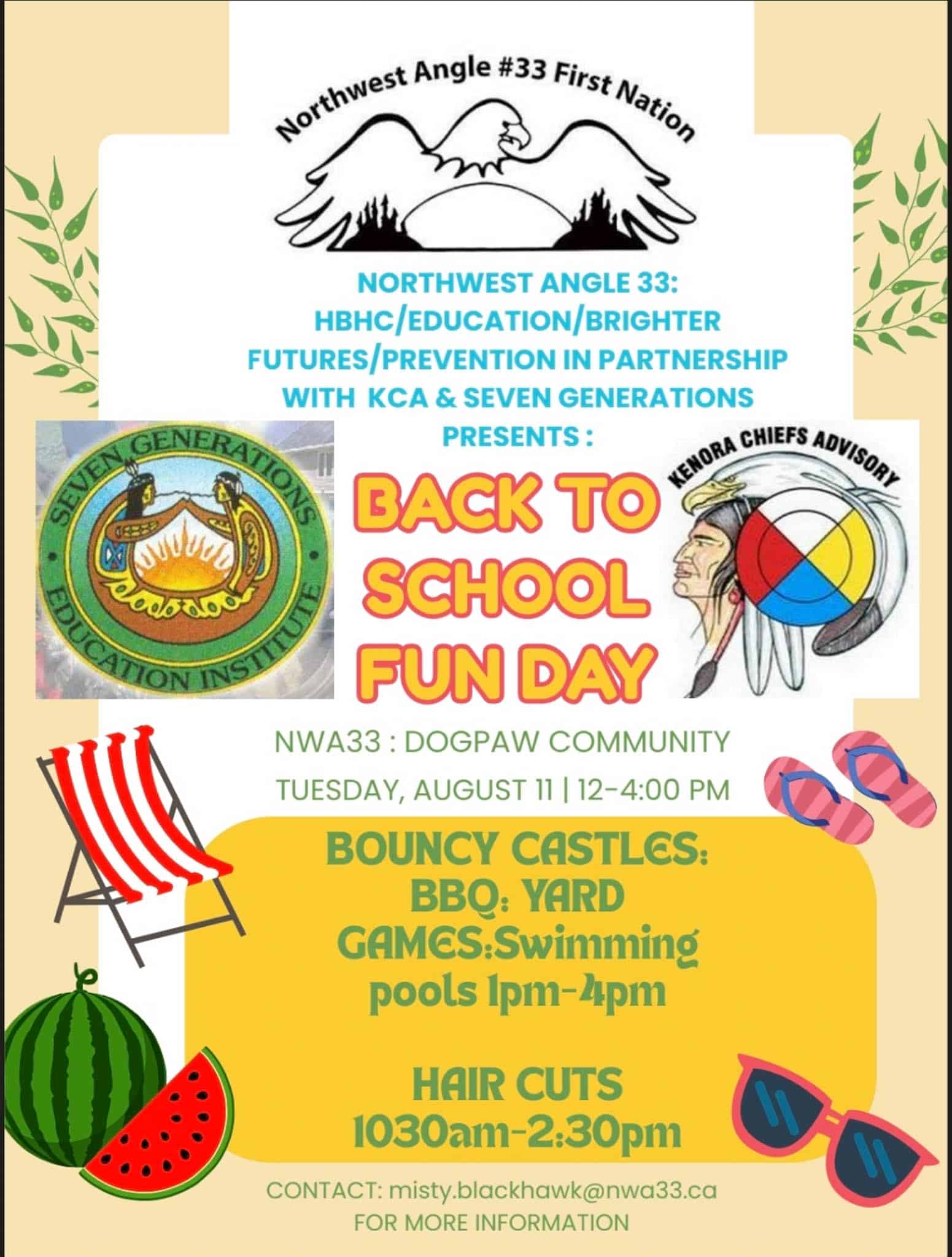 A poster showcasing Back to School Fun Day in Northwest Angle #33 First Nation.