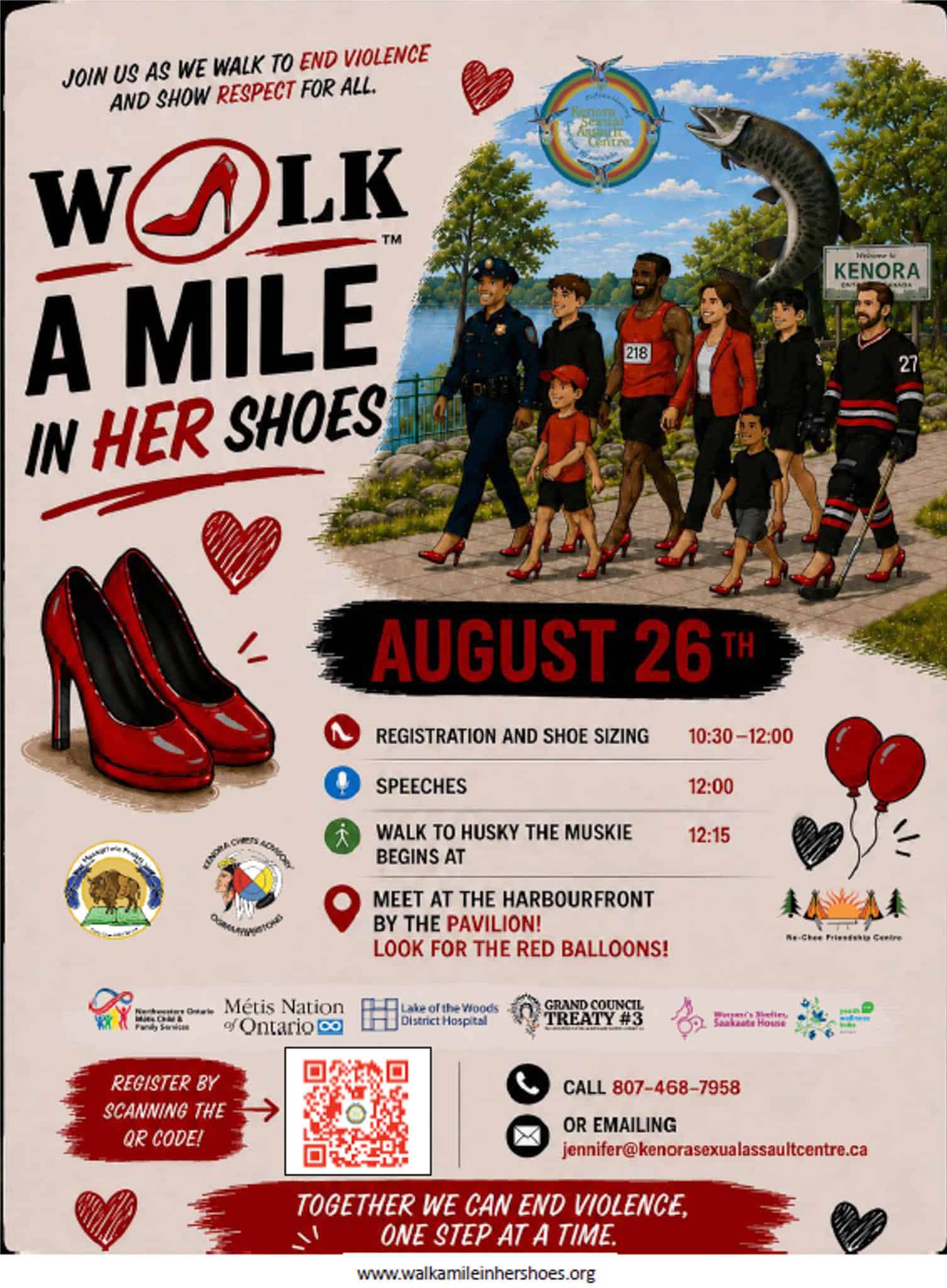 A poster showcasing the Aug. 26 Walk a Mile in Her Shoes event in Kenora, Ontario.