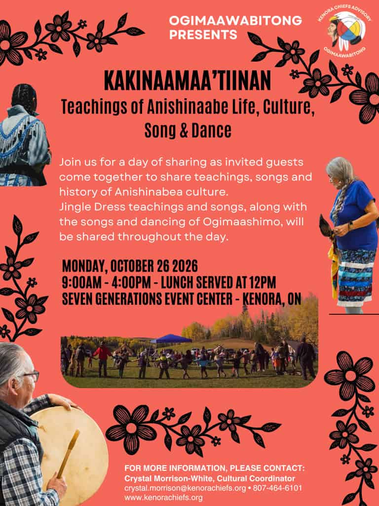A poster promoting the Ogimaawabiitong - KCA event Kakinaamaa'tiinan.