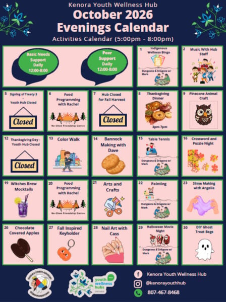 A calendar of October 2026 programming at the Kenora Youth Wellness Hub.