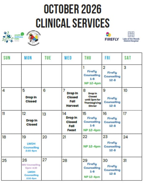 A calendar of October 2026 clinical services at the Kenora Youth Wellness Hub.