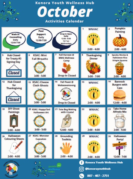 A calendar of October 2026 programming at the Kenora Youth Wellness Hub.