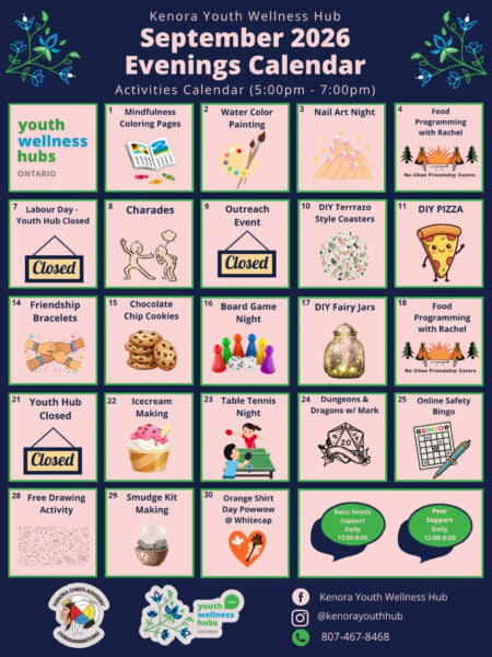A calendar of September 2026 programming at the Kenora Youth Wellness Hub.