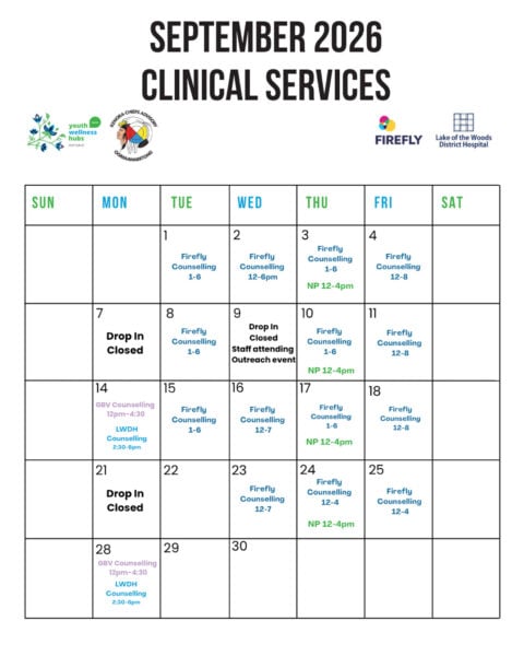 A calendar of September 2026 clinical services at the Kenora Youth Wellness Hub.