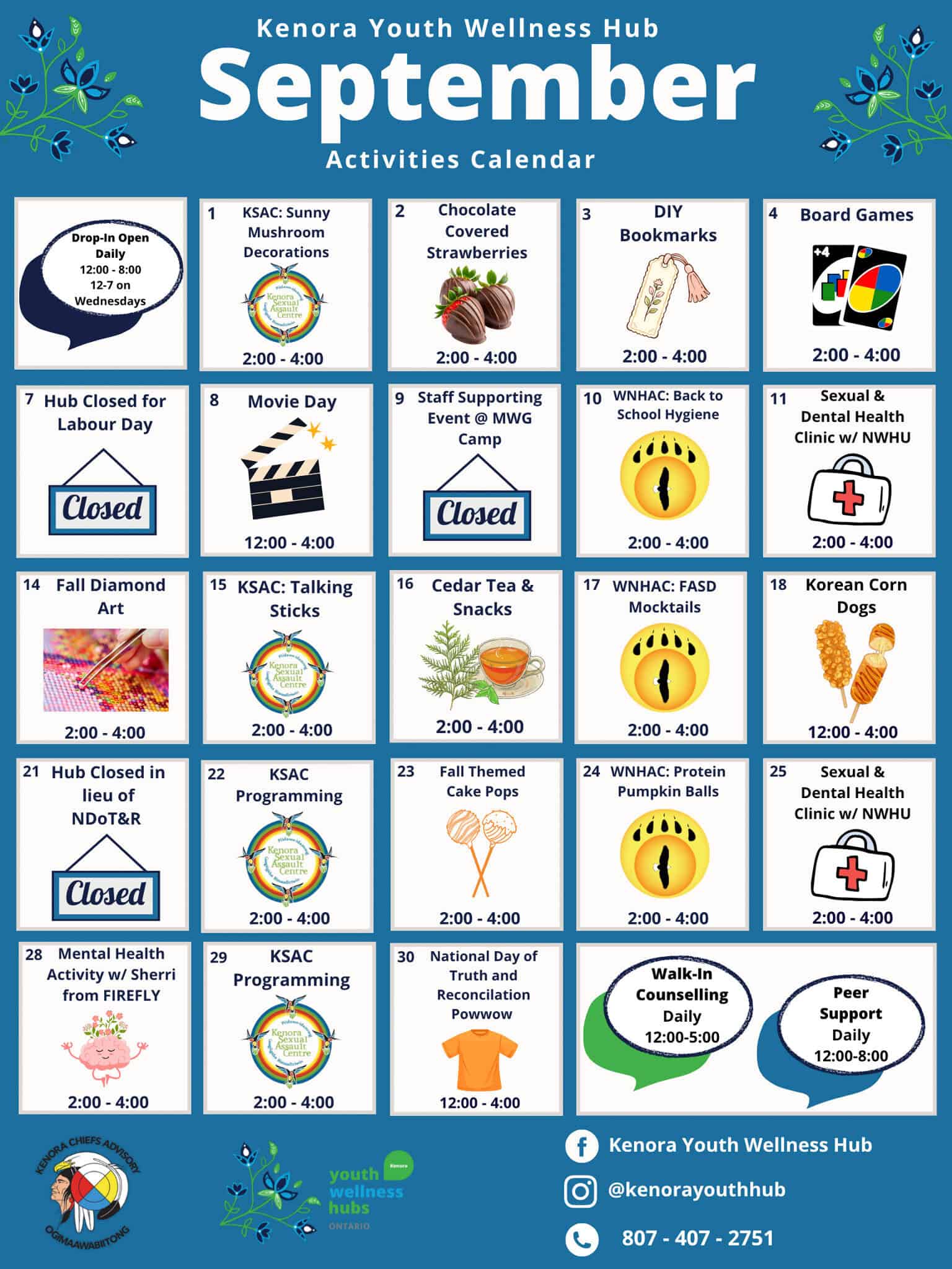 A calendar of September 2026 programming at the Kenora Youth Wellness Hub.