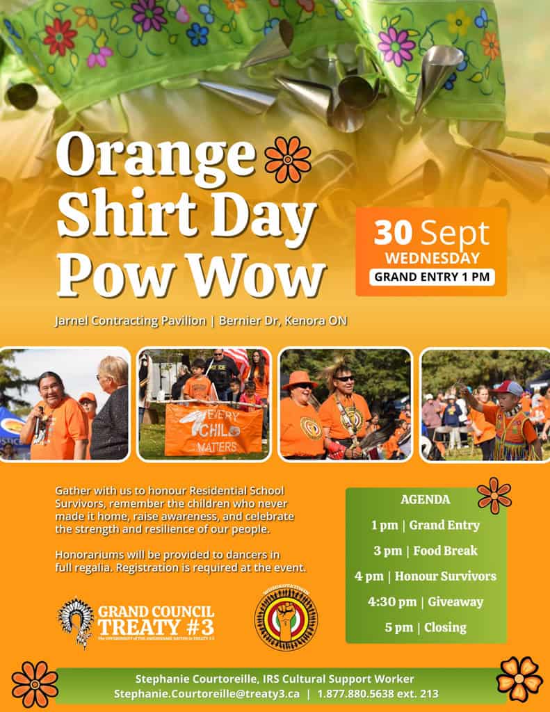 A poster detailing the Sept. 30 Orange Shirt Day Powwow in Kenora.