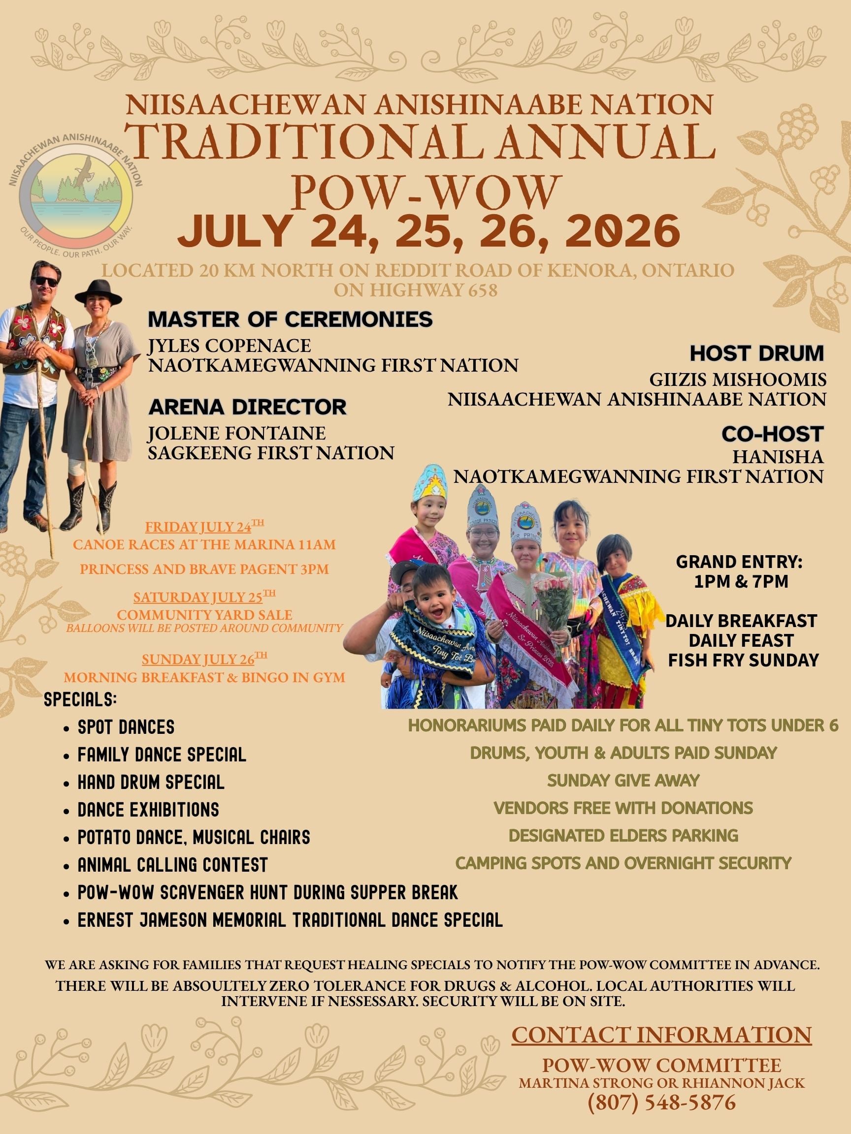 A poster announcing a powwow in Niisaachewan Anishinaabe Nation from July 24-26, 2026.