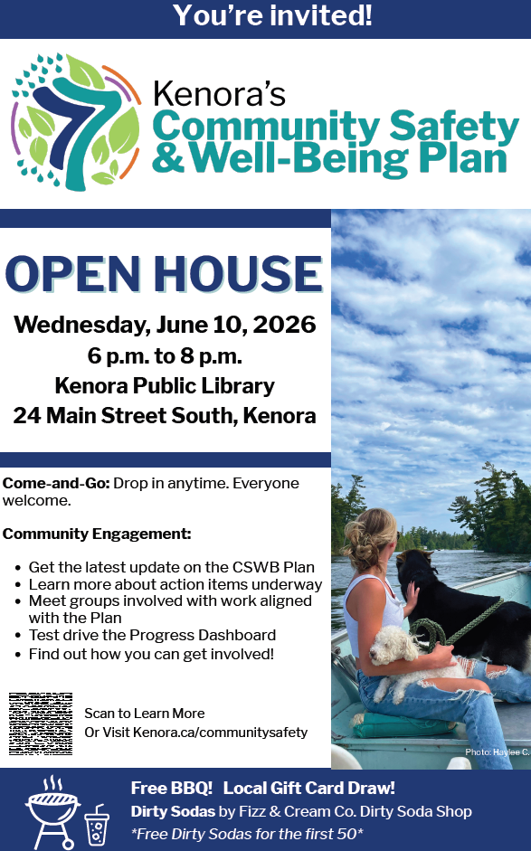 A poster announcing Kenora's Community Safety and Well-Being Plan on June 10, 2026.